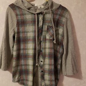 Eden & Olivia Gray Plaid Hooded Womens Shirt